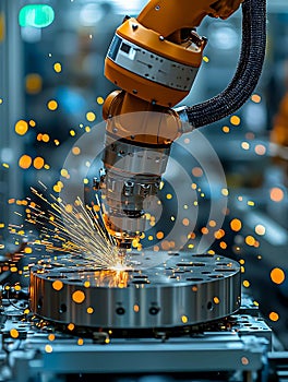 Dynamic robotic arm precisionwelding sparks, showcasing advanced manufacturing technology. A powerful metaphor for innovation,