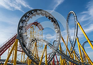 A dynamic roller coaster features prominently,