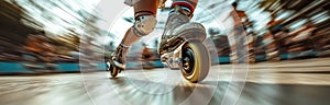 Dynamic Roller Derby Skater in Action: Midstride with Focused Expression and Blurred Rink Background, Showcasing Athleti photo