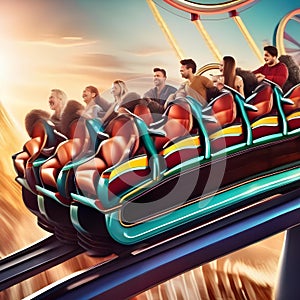 Dynamic rollercoaster ride with excited people enjoying the thrill Energetic and vibrant illustration for amusement park or ente