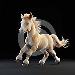 dynamic and running cute pony isolated on black background for use in lively visuals