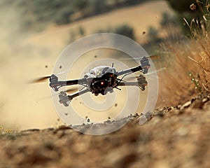 Dynamic scene of a drone descending to land on a dirt track photo