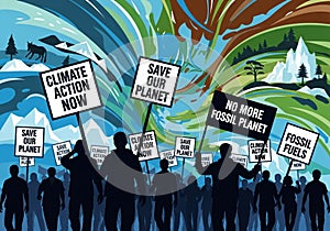 A dynamic scene features a large group of silhouetted people