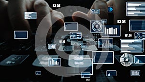 Futuristic Data Analysis Concept with Hands Typing on Keyboard Surrounded by Digital Charts, Graphs, and Metrics in Dark
