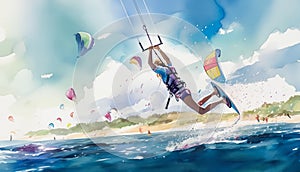 A dynamic scene of kite surfing with colorful kites in the sky