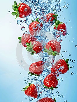 A dynamic scene of ripe strawberries in mid-air, falling through a stream of light blue water. Created with AI