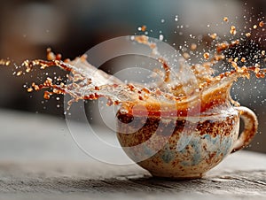 A dynamic scene showing coffee splashing out of a cup