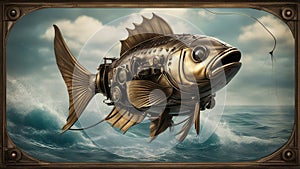 A dynamic scene of a steampunk mahi mahi fish, with wires, propellers, and speaker