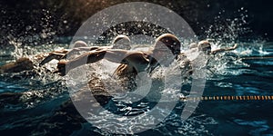 A dynamic scene of swimmers racing in a pool, showcasing the strength, endurance, and technique involved in competitive