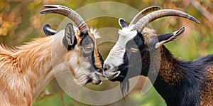 Dynamic scene of two goats engaging in playful head-butting