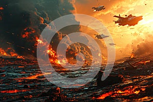 a dynamic scene where advanced weaponry and futuristic projectiles engage in a high-tech battle