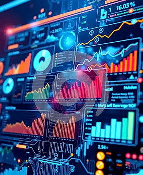Digital data visualization with colorful graphs and charts displaying financial trends