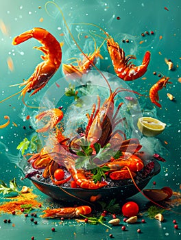 Dynamic Seafood Display with Shrimps Flying Above a Bowl with Lemon, Herbs, and Tomatoes on Blue Background