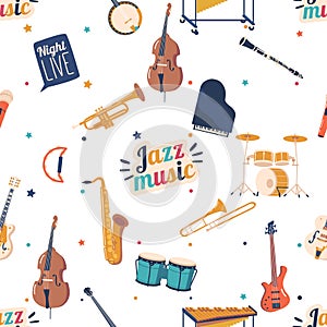 Dynamic Seamless Pattern Featuring An Assortment Of Jazz Instruments, Piano, Double Bass, Saxophone Vector Illustration