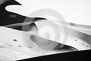 Dynamic shape of sand dunes on the outskirts of Sahara Desert. Monochromatic, black and white. Morocco, Africa