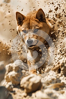 Dynamic Shiba Inu Dog Energetically Running, Splashing Dirt With Intense Focus, Active Pet in Natural Outdoor Setting
