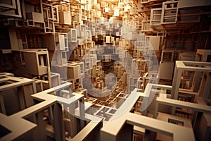 A dynamic shot of a 3D cube morphing into a labyrinthine geometric structure