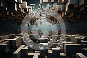 A dynamic shot of a 3D cube transforming into a labyrinthine geometric structure