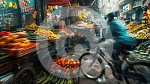 A dynamic shot of a bicycle weaving through a maze of market stalls capturing the hectic and lively atmosphere of an