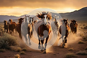 A dynamic shot capturing the energy of a herd of horses as they race across the wide expanse of a desert, Wild, galloping horses