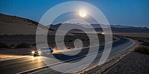 Fast Driving on Desert Highway with Moon in the Background