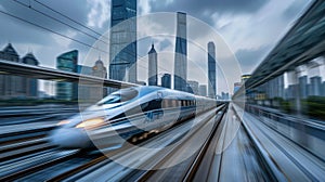 A dynamic shot of a high-speed bullet train whizzing past urban skyscrapers photo