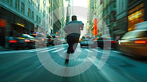 Dynamic shot of a man sprinting with speed through bustling city traffic, capturing the essence of urban life