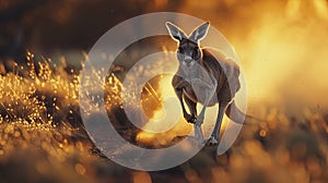 Dynamic shot of red kangaroo in australian outback with superb clarity and high contrast