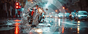 Sportbike on a rain-soaked urban street photo