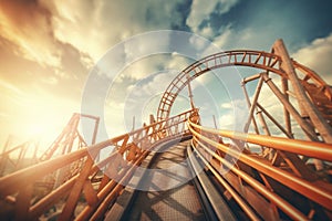 A dynamic shot of a roller coaster in motion, capturing the thrill of the ride
