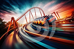 A dynamic shot of a roller coaster in motion, capturing the thrill of the ride