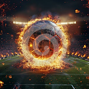 Dynamic shot soccer ball engulfed in flames flies over stadium