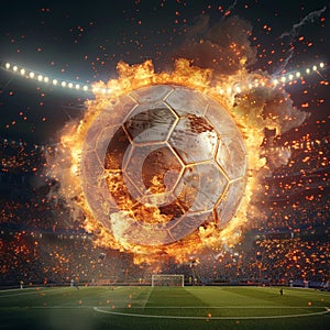 Dynamic shot soccer ball engulfed in flames flies over stadium