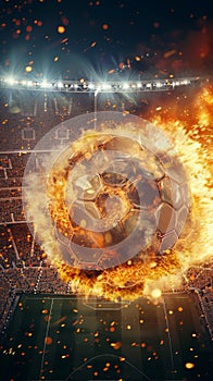 Dynamic shot soccer ball engulfed in flames flies over stadium