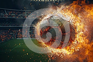 Dynamic shot soccer ball engulfed in flames flies over stadium