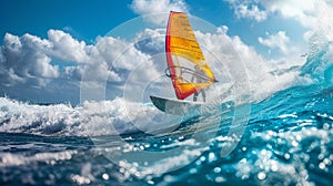 Dynamic shot of a windsurfer riding among huge waves in the ocean. Skilled and determined athlete surfing an epic giant
