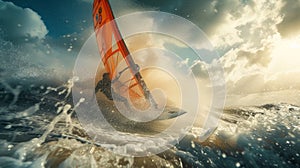 Dynamic shot of a windsurfer riding among huge waves in the ocean. Skilled and determined athlete surfing an epic giant