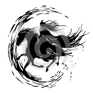 Dynamic Silhouette of a Hero on Galloping Horse for Tattoo and Artwork Design photo
