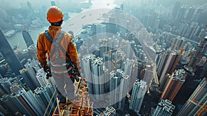 Dynamic skyscraper worker in striking pose against dramatic cityscape at high altitude view