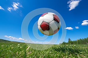 Dynamic Soccer Ball Soaring Through Vibrant Green Field