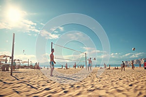 Dynamic sof beachgoers playing beach volleyball. Generative ai photo