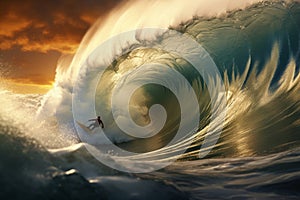 Dynamic sof a surfer riding a powerful wave. Generative ai photo