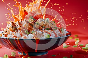 Dynamic Spicy Tuna Roll Explosion on Red Background, Sushi Concept with Flying Ingredients, Japanese Cuisine, Seafood Dish