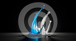 Dynamic Splash of Blue and White Liquid Against a Black Background