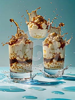 Dynamic Splash Captured in High Speed Shot of Two Caramel Sundae Desserts with Whipped Cream on Aqua Blue Background