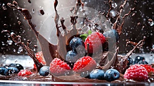A dynamic splash of chocolate and berries, showcasing a delightful dessert explosion