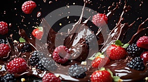 A dynamic splash of chocolate and berries, showcasing a delightful dessert explosion