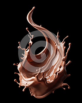 Dynamic splash of chocolate captured mid-air, showcasing its glossy texture and rich color against a dark background.