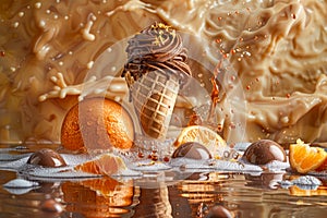 Dynamic Splash with Chocolate Ice Cream Cone and Orange Slices on Reflective Surface