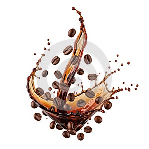 Dynamic splash of coffee beans and liquid